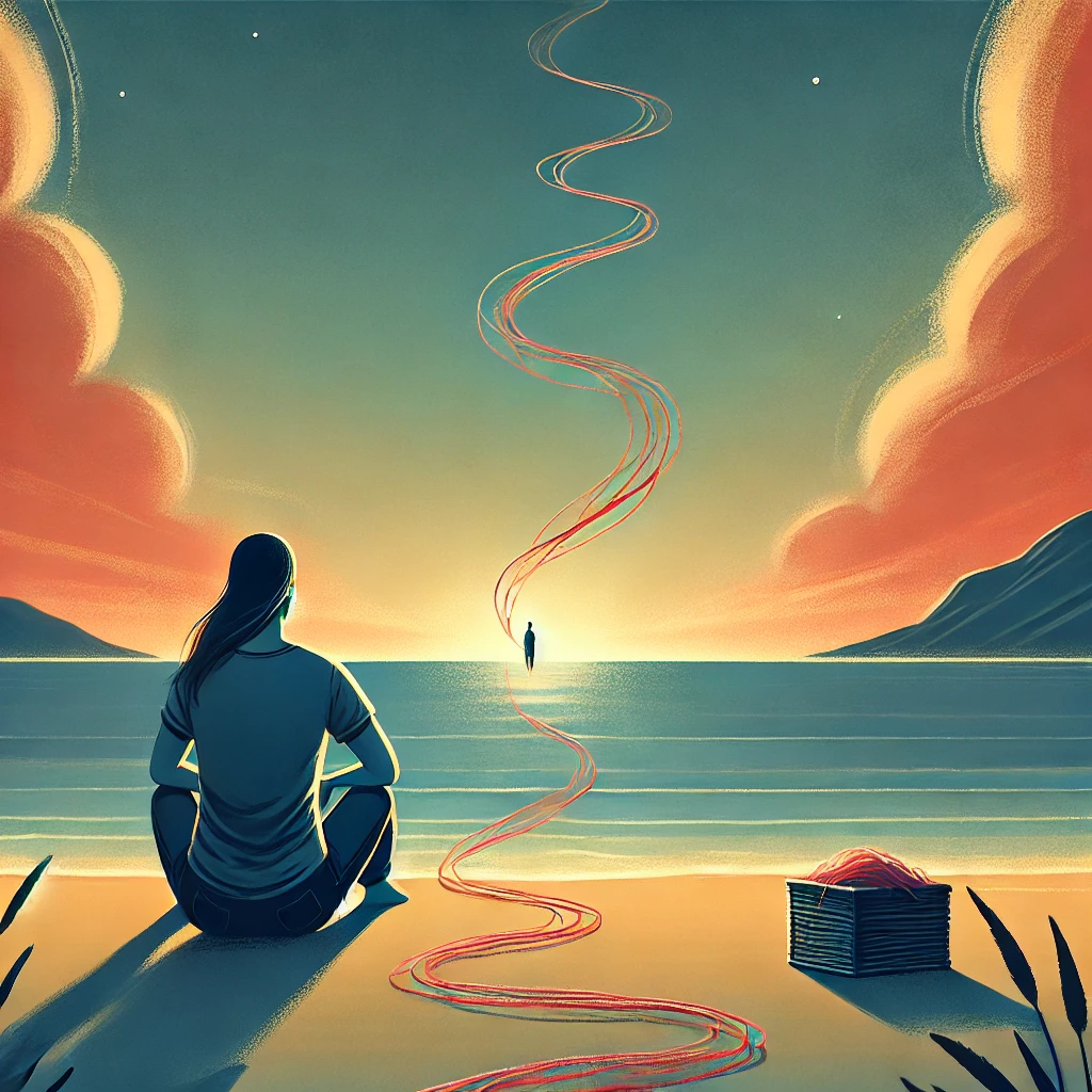 Человек на пляже смотрит вдаль, наблюдая, как исчезают нити, символизирующие отпускание эмоциональной привязанности.