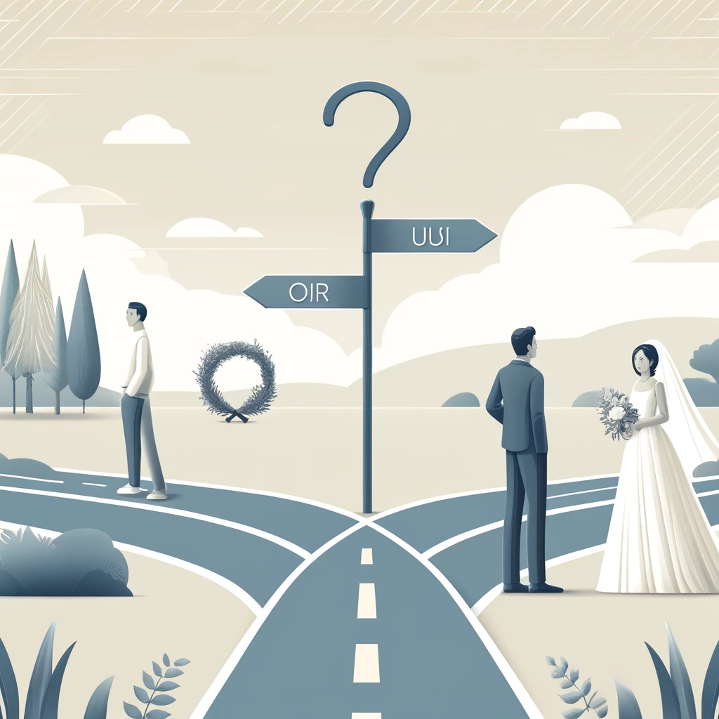 Пара на перекрестке, выбирающая между традиционной свадьбой и простым образом жизни, символизирующим альтернативы.