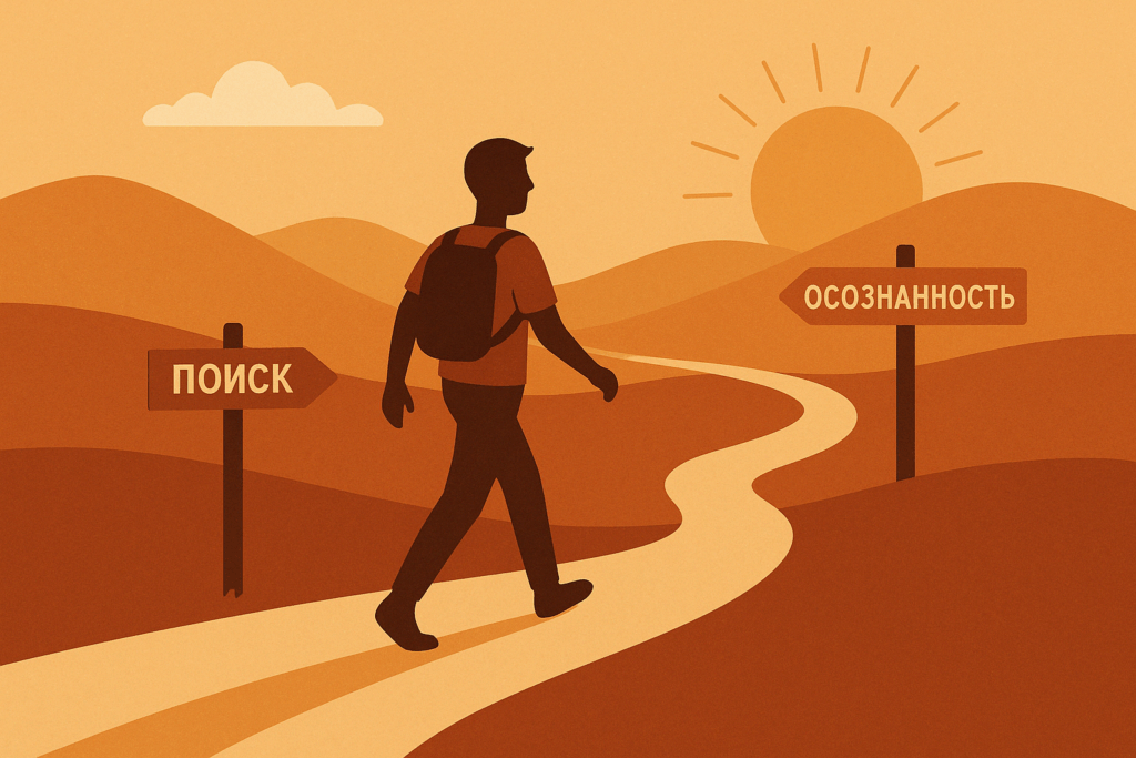 Силуэт человека с рюкзаком идёт по извилистой тропе между указателями “Поиск” и “Осознанность” на фоне восходящего солнца и холмов