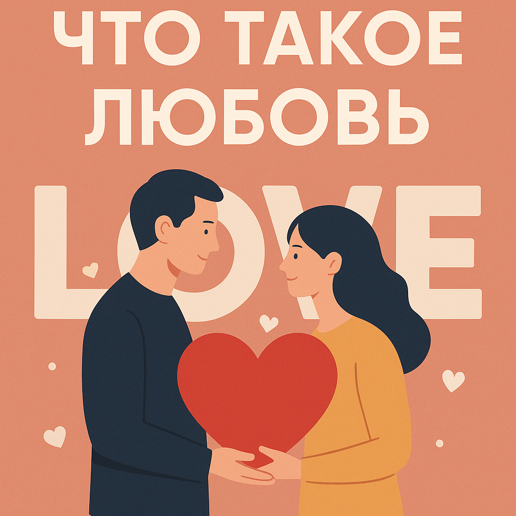 Пара держит сердце на фоне слова "любовь"