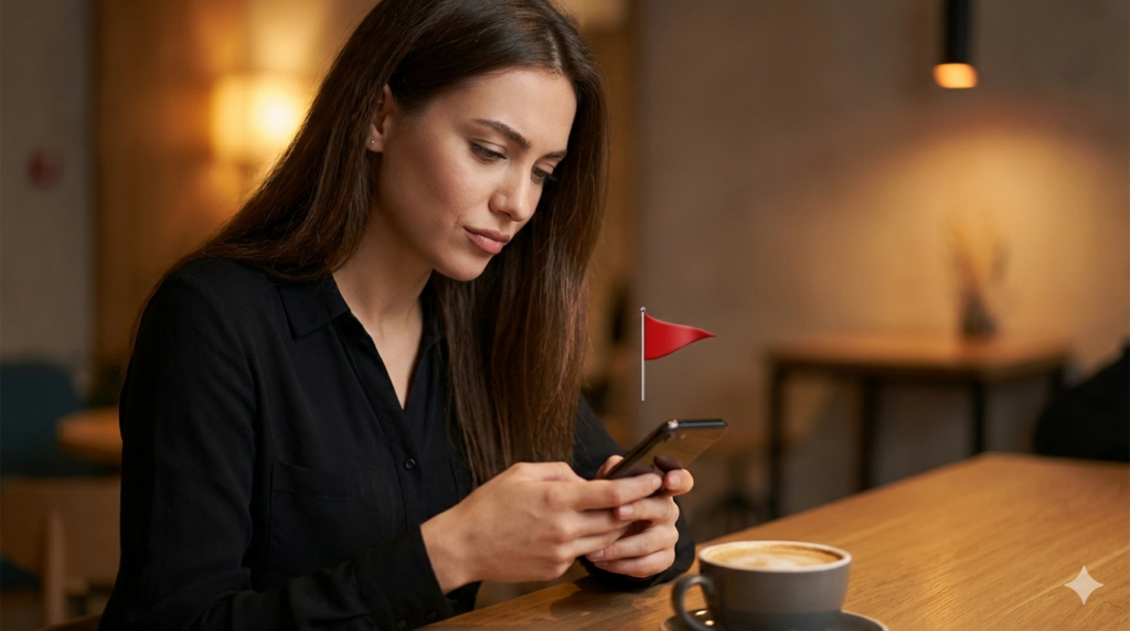 Девушка задумчиво смотрит в смартфон, анализируя переписку на предмет красных флагов в дейтинге.